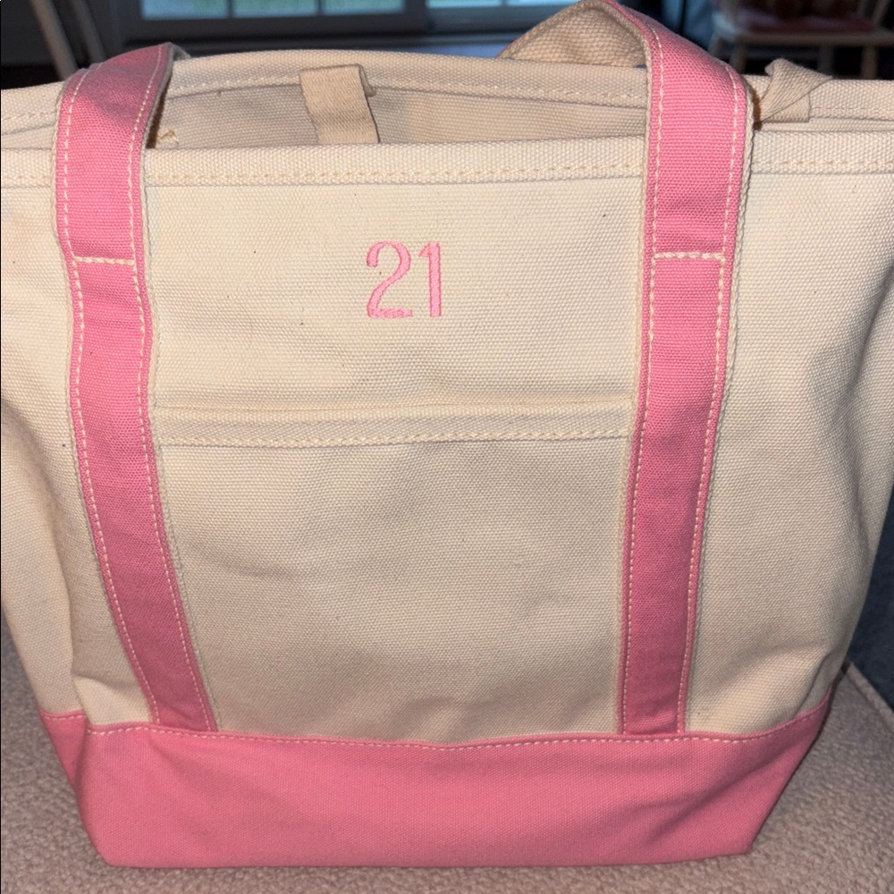 Lands End Medium canvas open tote white and pink
